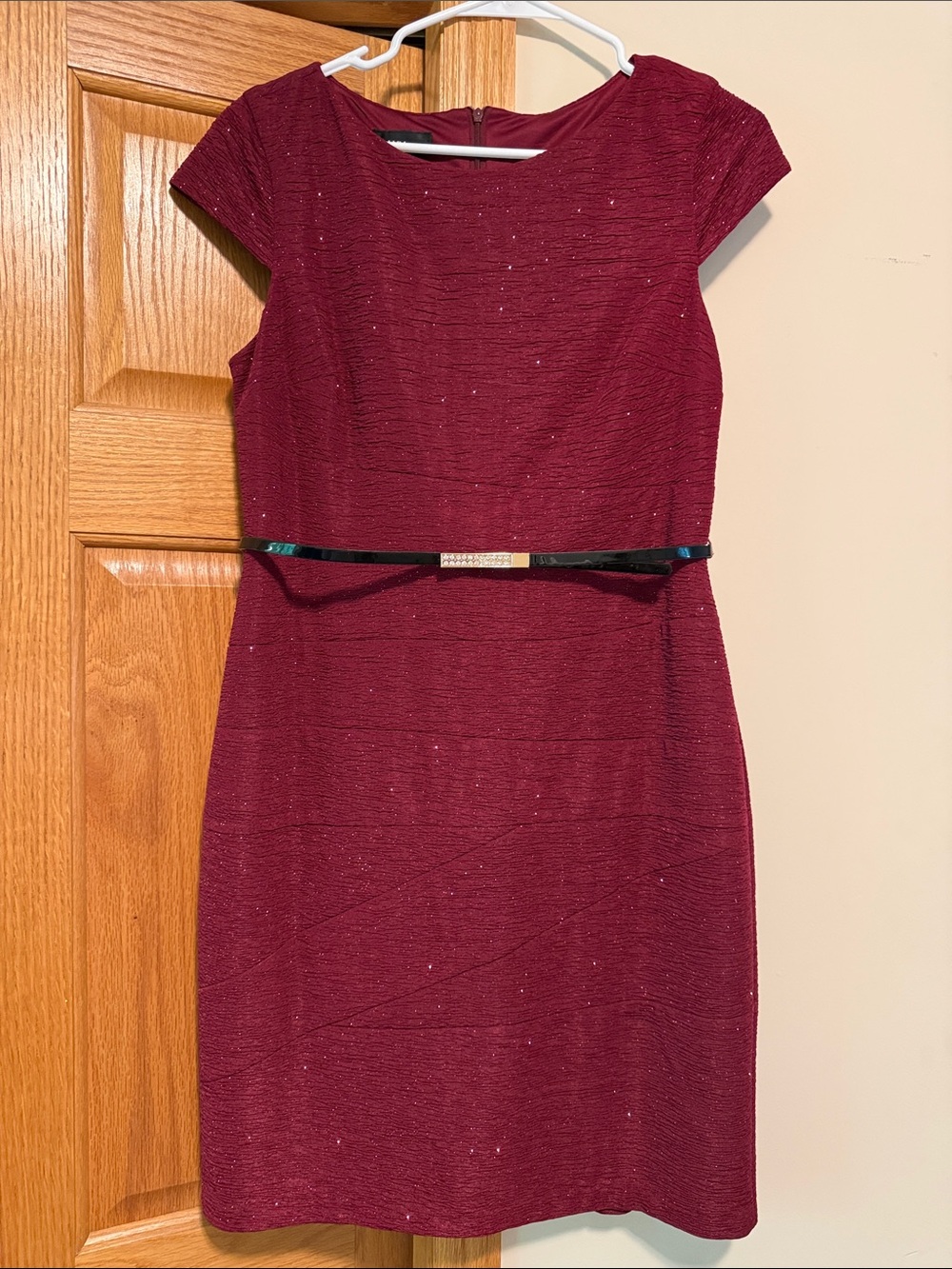 Cap-Sleeve Burgundy Mini Sheath Dress with Decorative Belt